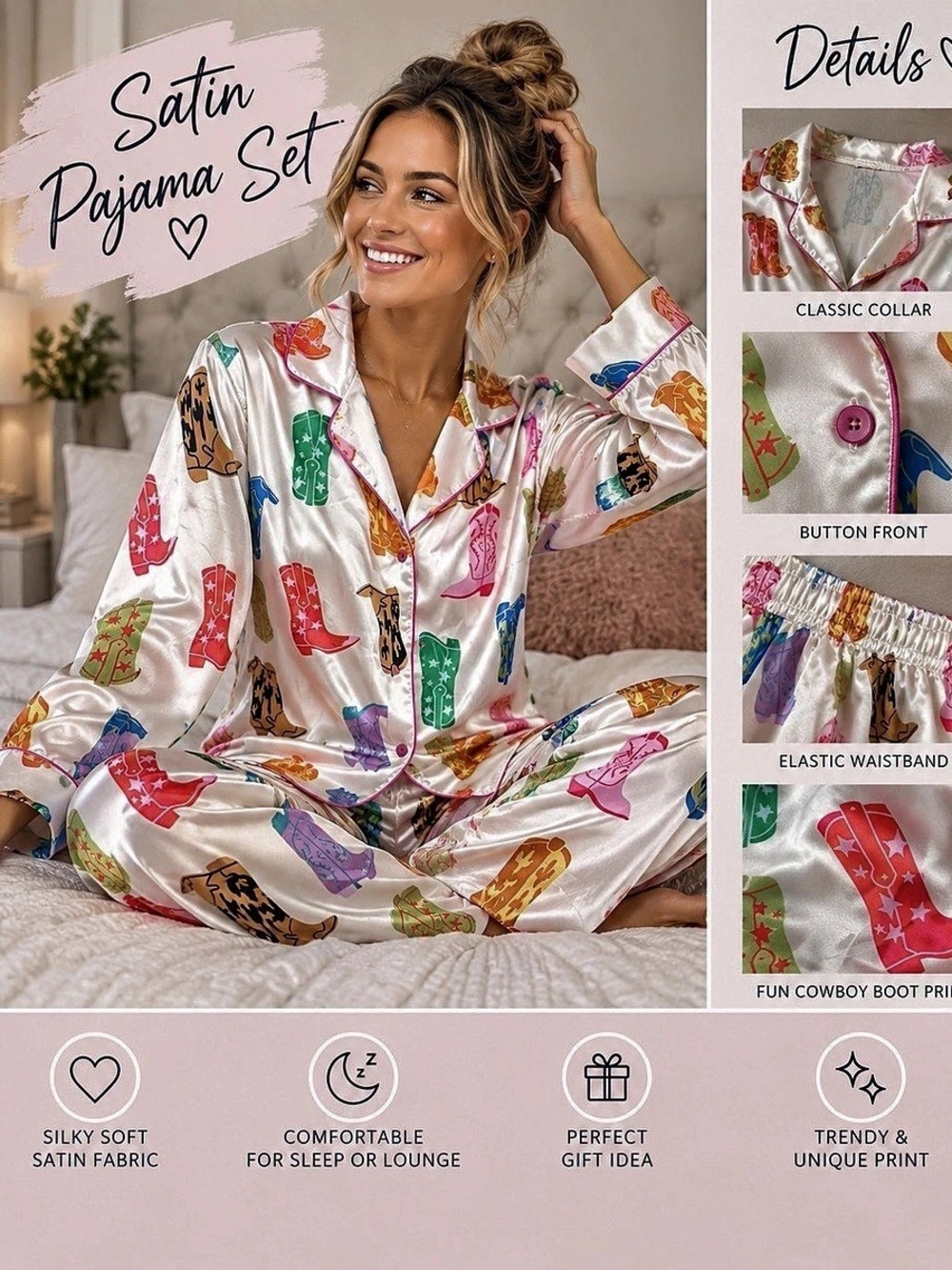 Satin Pajama Set in White & Multicolor